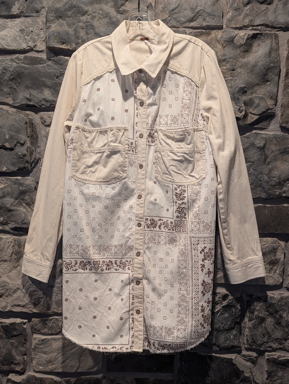 Free People Extra Long Cotton Tan, Briwn, Cream Shacket Women's LG  NICE